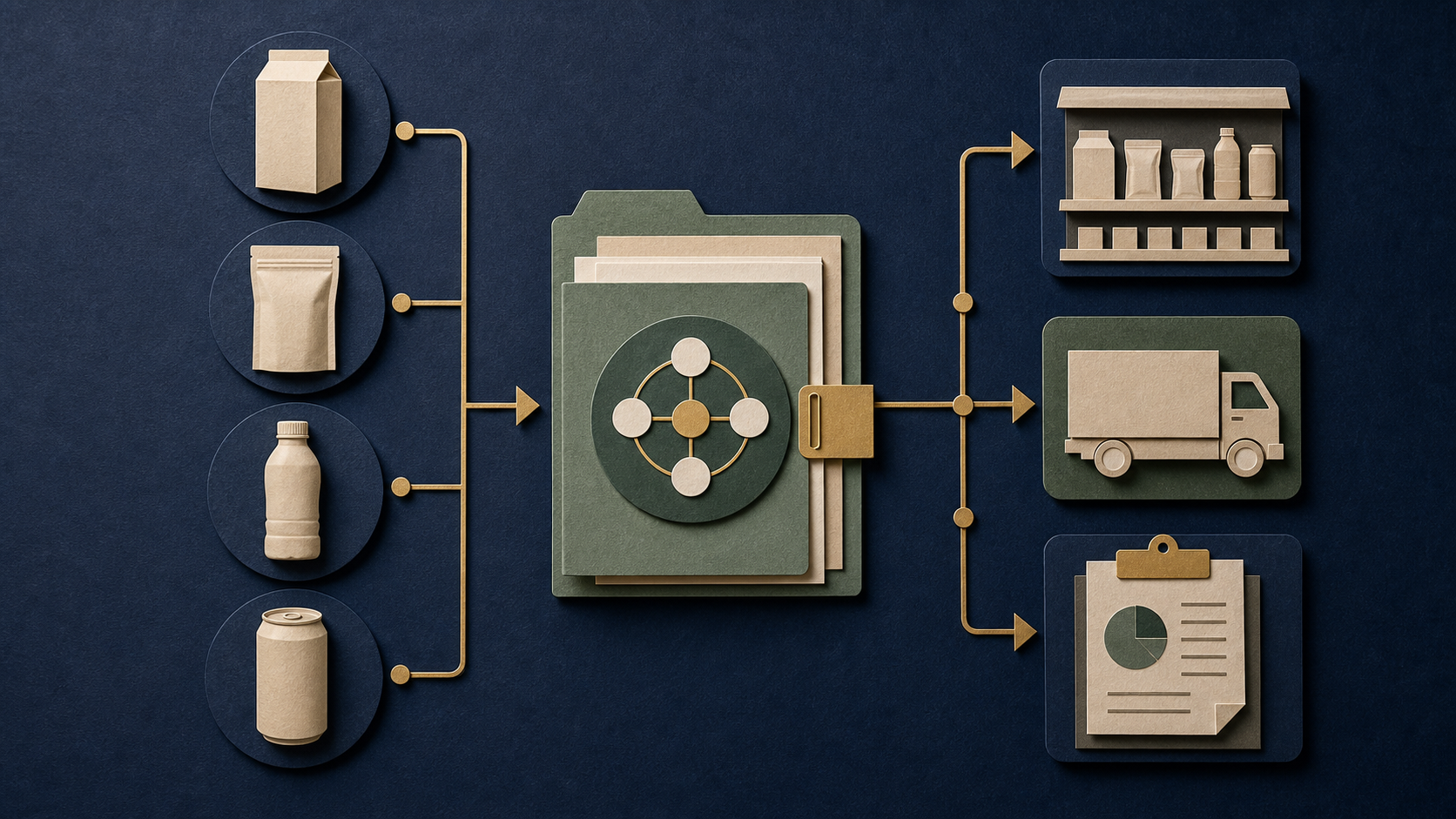 Tactile diagram connecting blank consumer product formats to partnership planning, retail placement, distribution, and reporting.